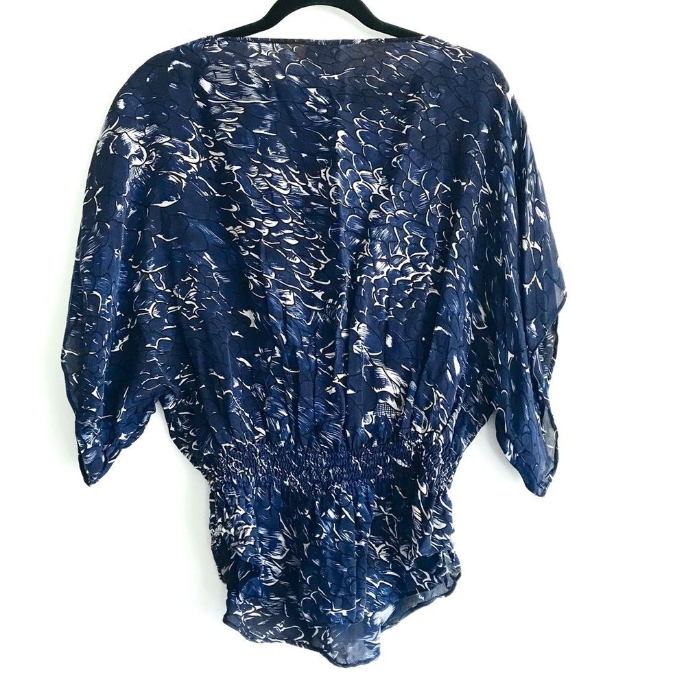 Parker Elegant Navy 100% Silk Patterned Gathered Waist Top Size XS
